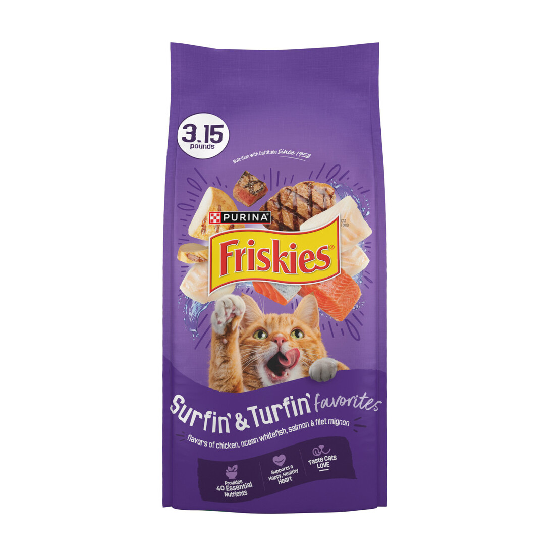 Purina Friskies Dry Cat Food, Surfin' & Turfin' Favorites - 3.15 Pound Bag