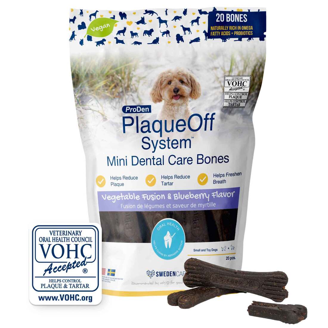 Proden PlaqueOff Mini Dental Bone Dog Treat, Vegetable Fushion & Blueberry, 12 Ounces, 20 Count