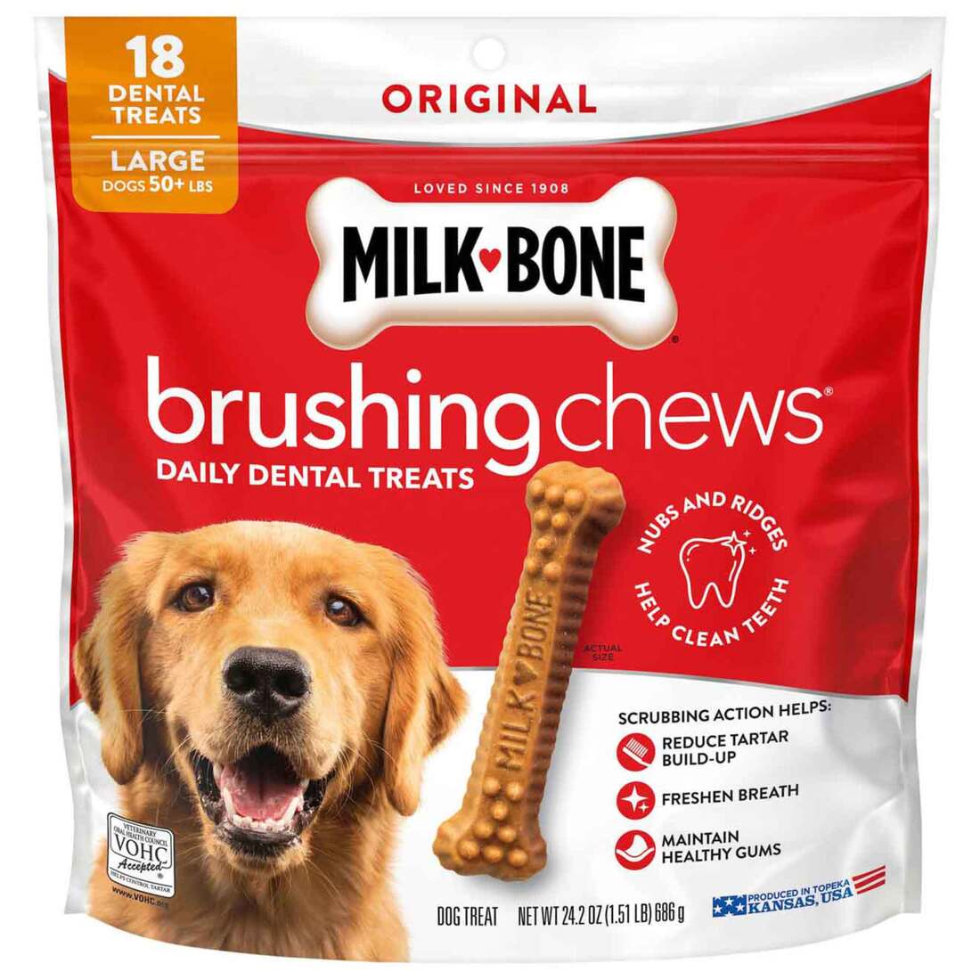 Milk-Bone Brushing Chews Original Chicken Flavor Daily Dental Dog Treats, Large, 24.2 Ounce Bag