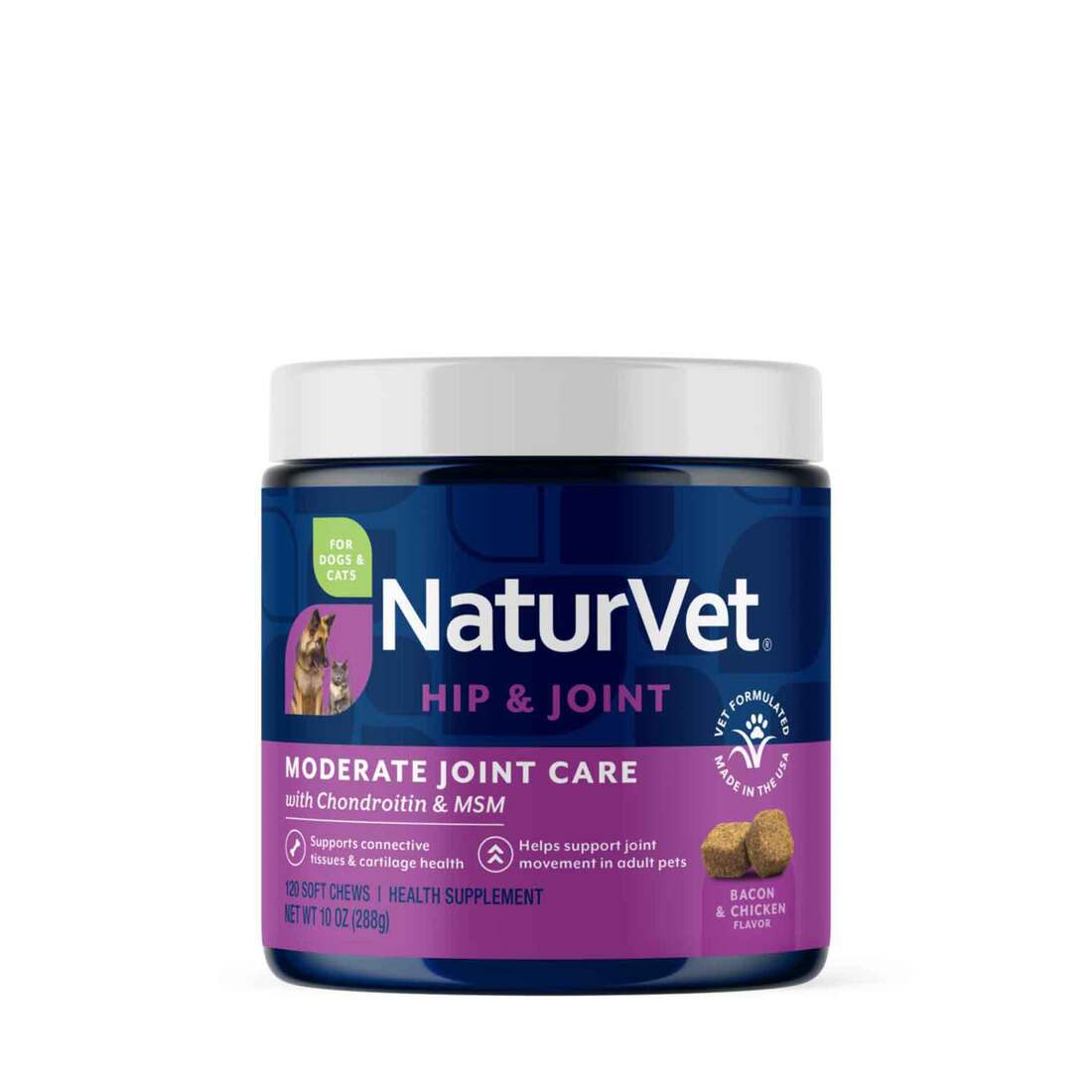 NaturVet Moderate Joint Care Hip & Joint Supplement for Dogs and Cats, Bacon and Chicken Flavor, 120