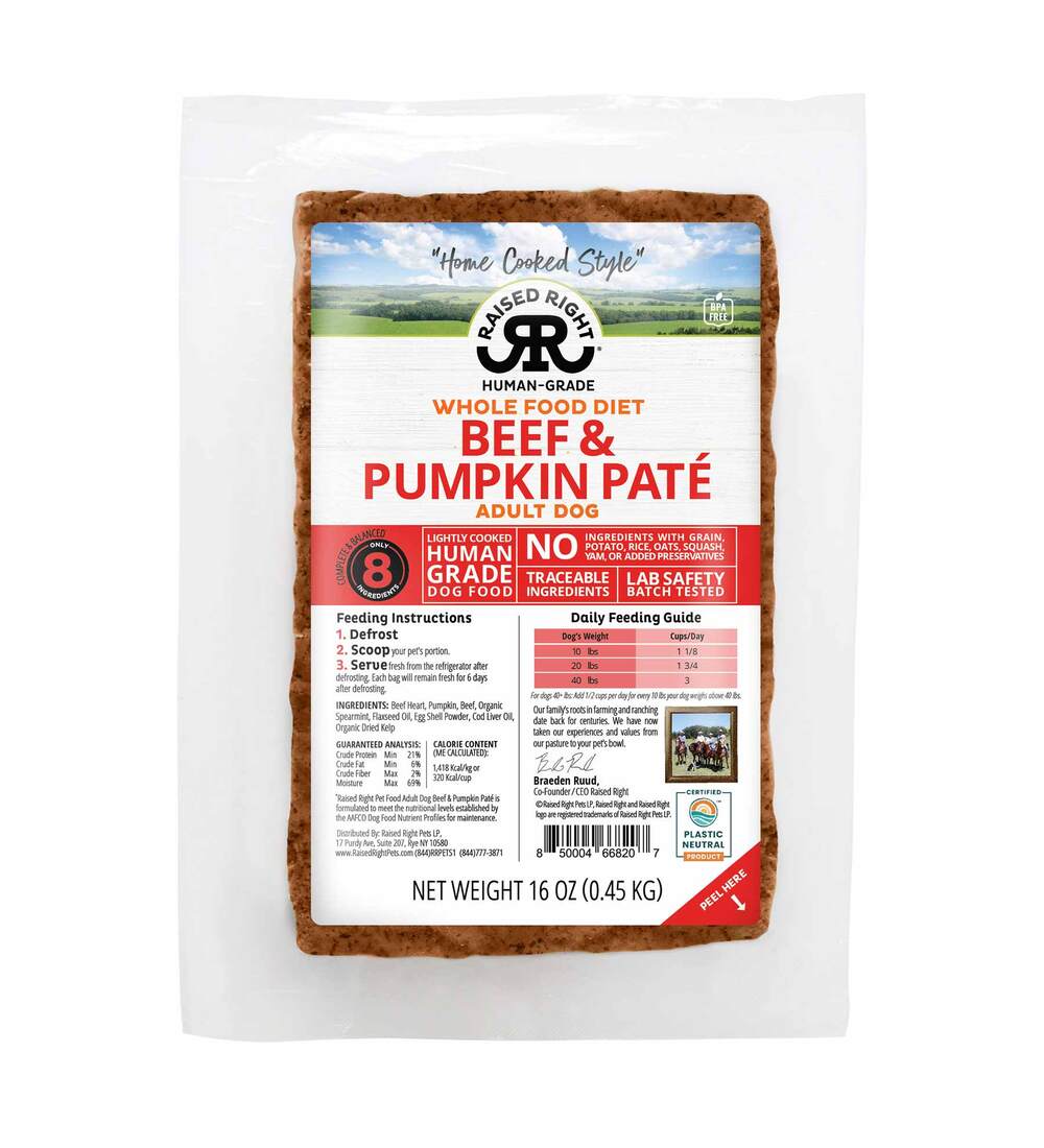 Raised Right "Home Cooked Style" Adult Frozen Paté Dog Food, Beef & Pumpkin, 1 Pound - Not Availabl