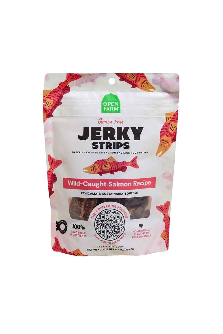 Open Farm Grain Free Jerky Strips Dog Chews, Wild Caught Salmon, 5.6 Ounces
