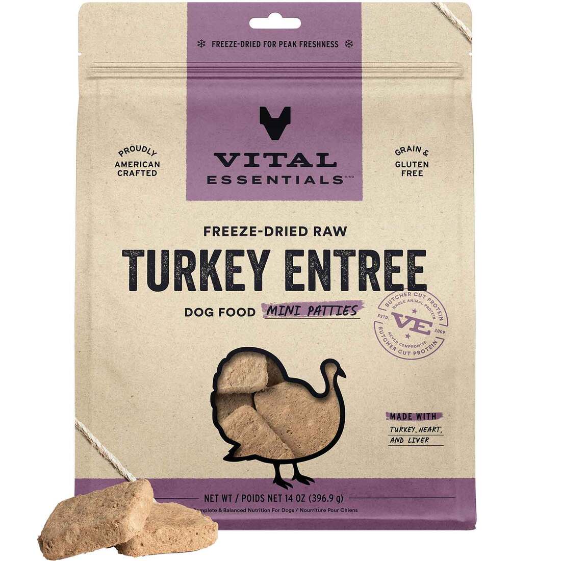 Vital Essentials® Freeze-Dried Raw Dog Food, Turkey Entree Mini Patties, 14 Ounces