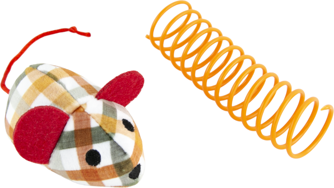 Play On Plush Plaid Mouse and Spring Cat Toy Set, 2 Count