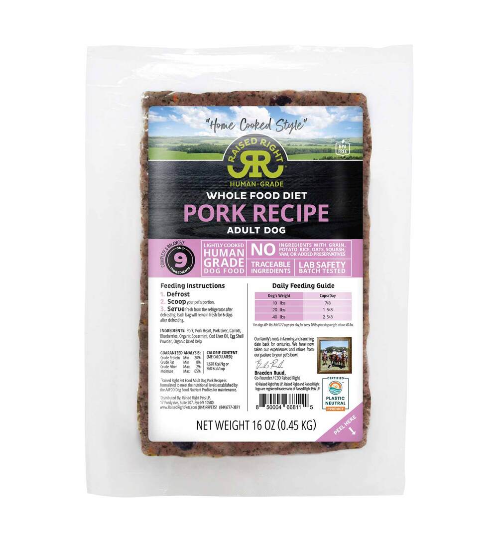 Raised Right "Home Cooked Style" Adult Frozen Dog Food, Original Pork Recipe, 1 Pound - Not Availab