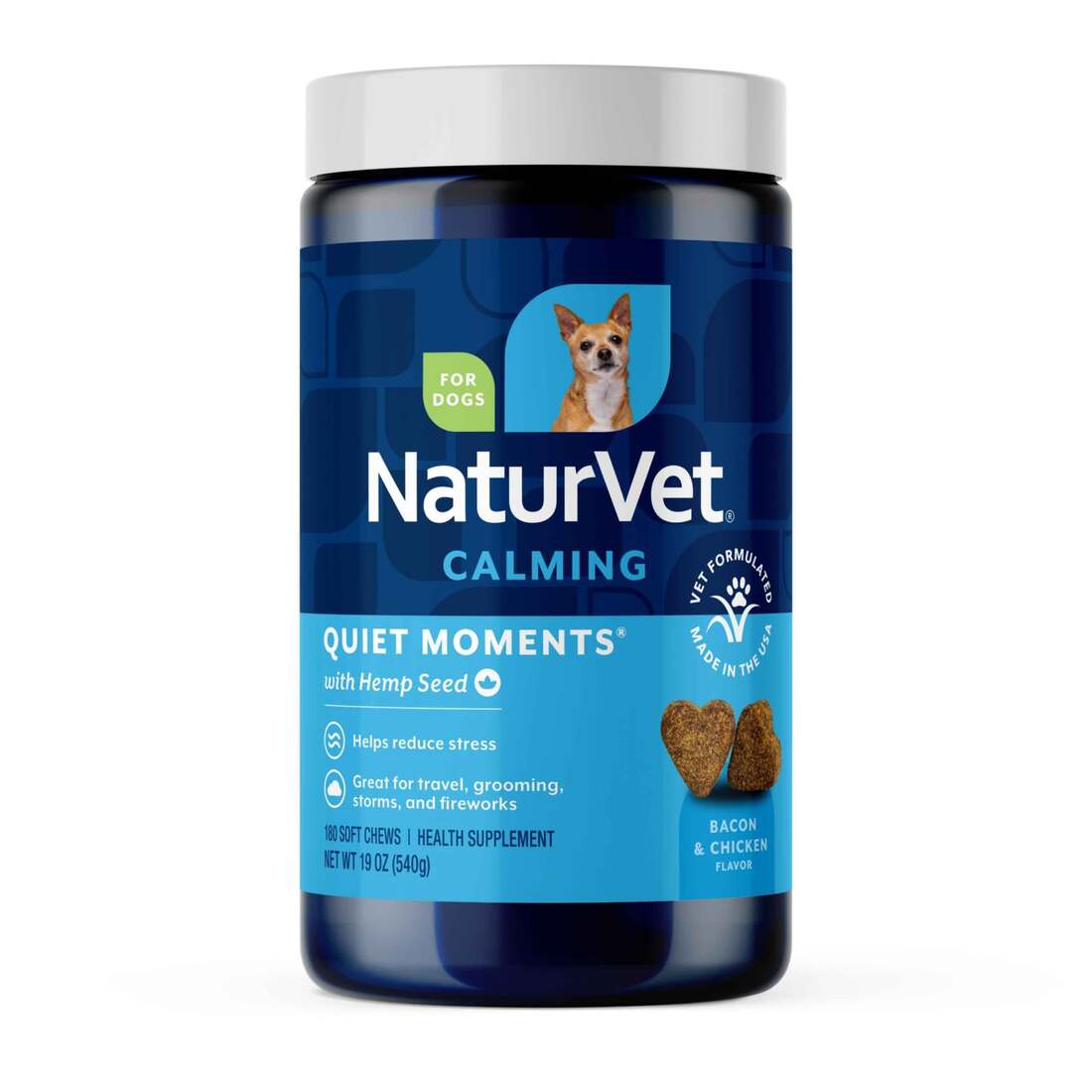 NaturVet Quiet Moments with Hemp Seed Calming Supplements for Dogs, Bacon and Chicken Flavor, 180 Co