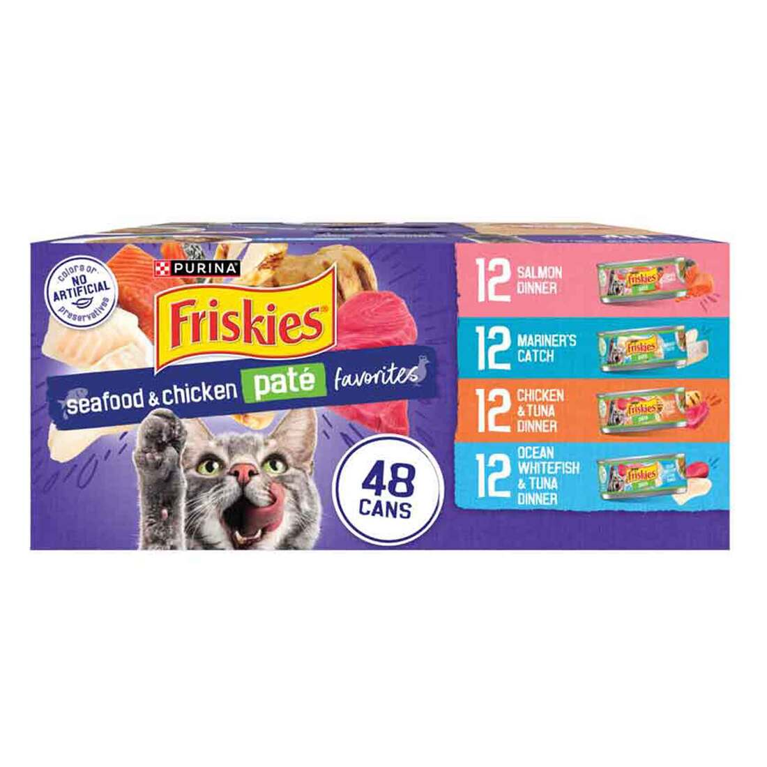Purina Friskies Pate Favorites Wet Cat Food Variety Pack, Seafood and Chicken, (48) 5.5 Ounce Cans