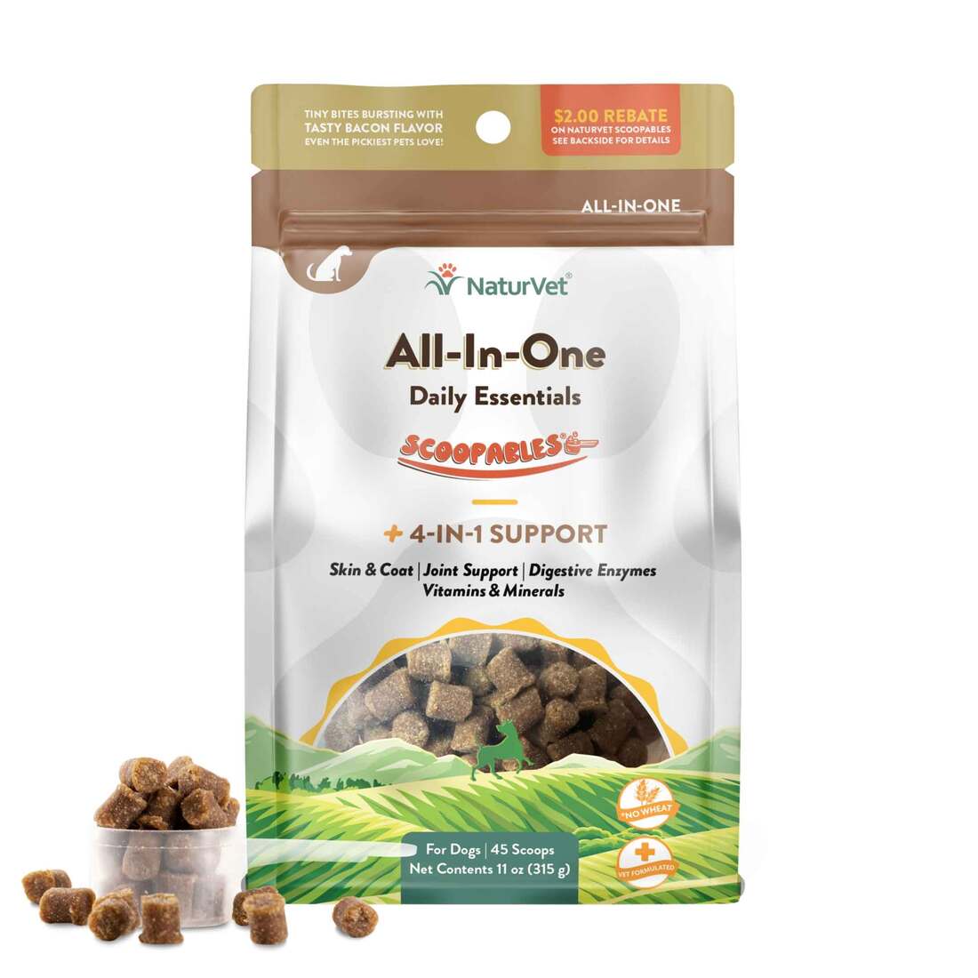 NaturVet All-In-One 4-in-1 Support Supplements for Dogs, 45 Scoopable Tiny Bites