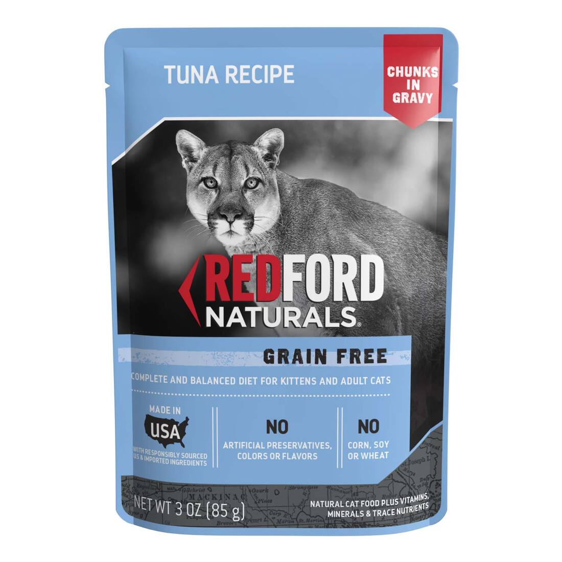 Redford Naturals Natural Wet Cat Food, Grain Free Tuna Chunks in Gravy, 3 Ounces