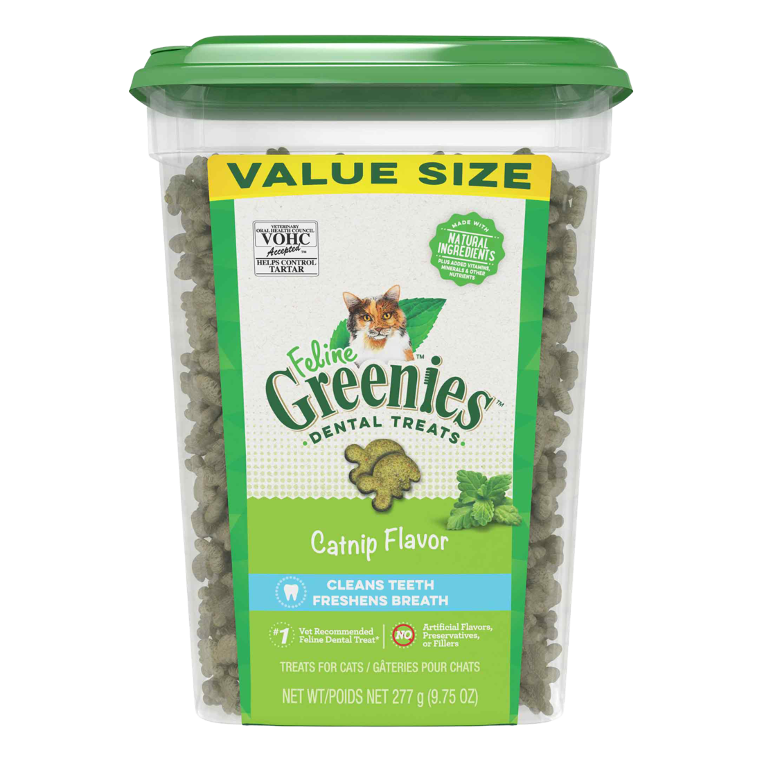 FELINE GREENIES Adult Dental Cat Treats, Catnip Flavor, 9.75 Ounce Tub
