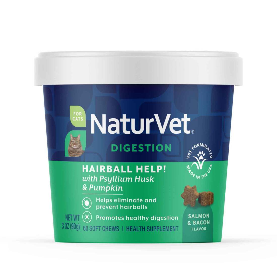NaturVet Hairball Help! Digestion Supplement for Cats, Salmon and Bacon Flavor, 60 Count