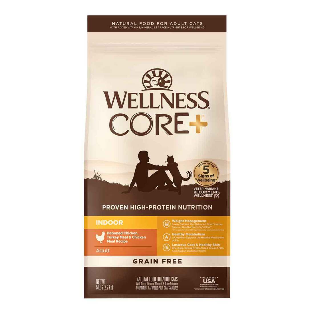 Wellness CORE+ Grain-Free Chicken, Turkey & Chicken Meal Indoor Formula Dry Cat Food, 5 Pound Bag