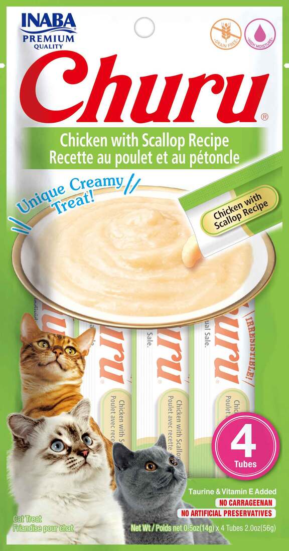 Inaba Churu Puree Cat Treat, Chicken and Scallop, 4 Count, 2 Ounces