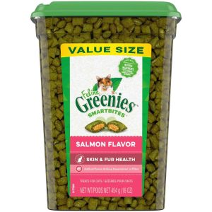 FELINE GREENIES SMARTBITES Skin & Fur Crunchy and Soft Textured Adult Natural Cat Treats, Salmon Fla