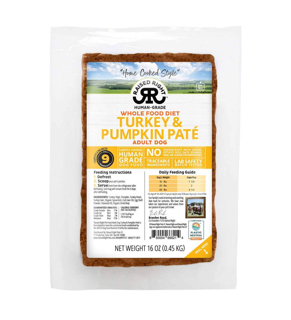 Raised Right "Home Cooked Style" Adult Frozen Paté Dog Food, Turkey & Pumpkin, 1 Pound - Not Availa