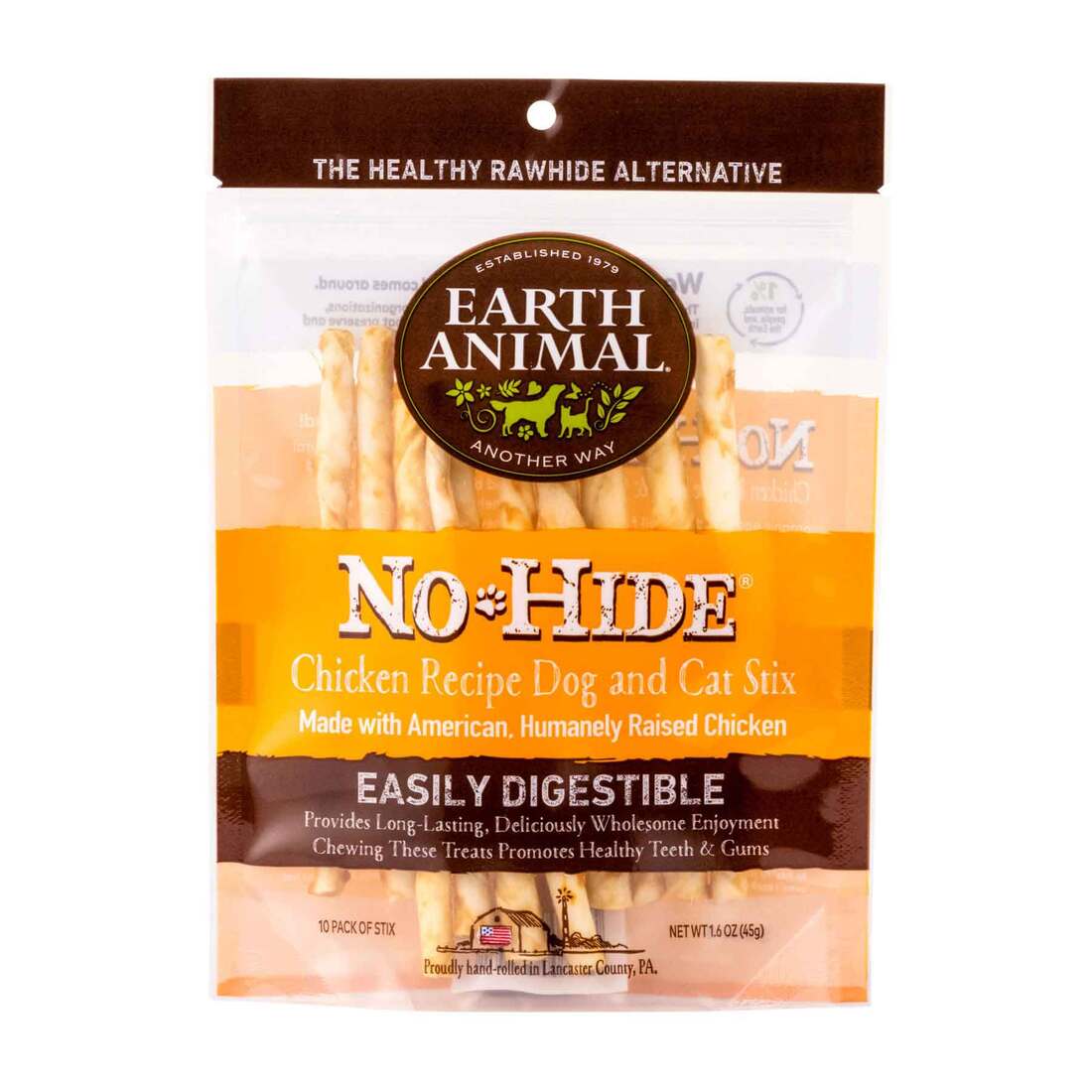 Earth Animal No-Hide Cage-Free Chicken Stix Natural Rawhide Alternative Dog & Cat Chews, 10 Pack
