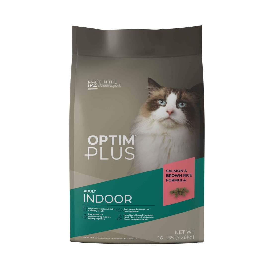 OptimPlus Adult Indoor Salmon & Brown Rice Formula Dry Cat Food, 16 Pounds