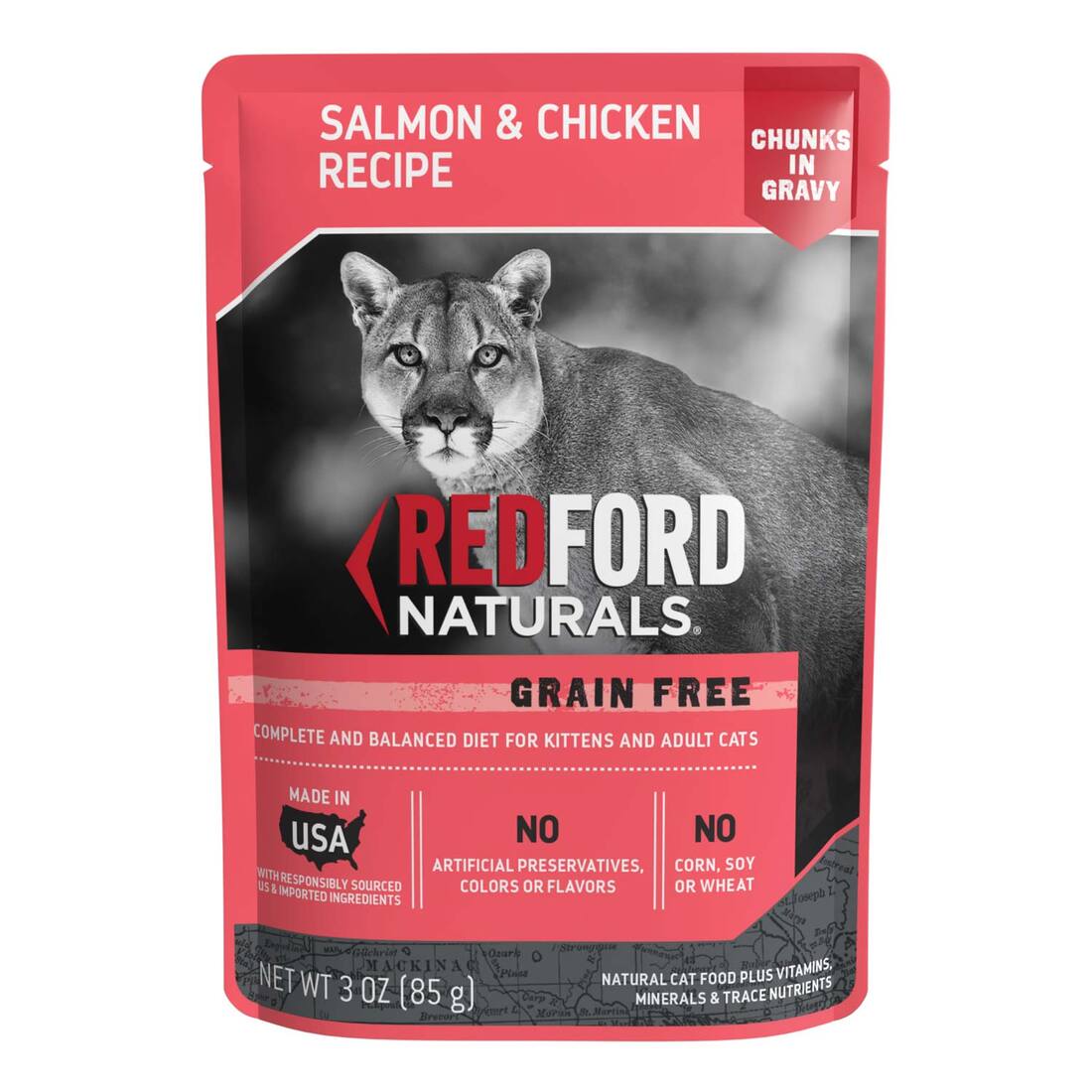 Redford Naturals Natural Wet Cat Food, Grain Free Salmon & Chicken Chunks in Gravy, 3 Ounces