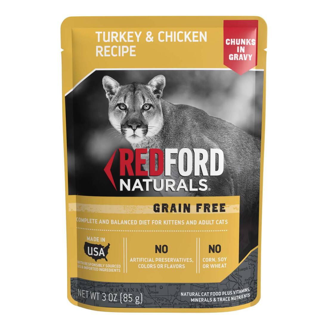 Redford Naturals Natural Wet Cat Food, Grain Free Turkey & Chicken Chunks in Gravy, 3 Ounces