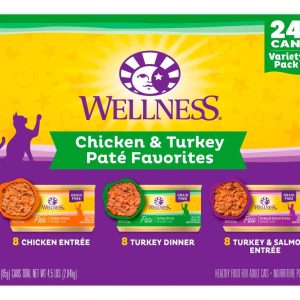 Wellness Natural Wet Cat Food, Chicken & Turkey Pate Favorites Variety Pack (24), 3 Ounces