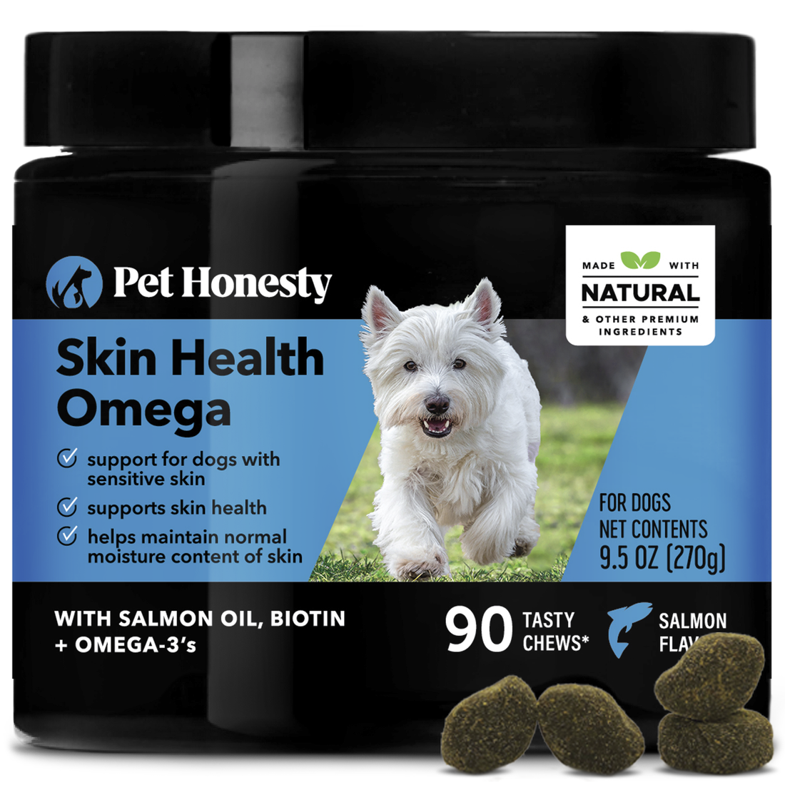 Pet Honesty Skin Health Omega Supplement for Dogs, Salmon Flavor, 90 Chews