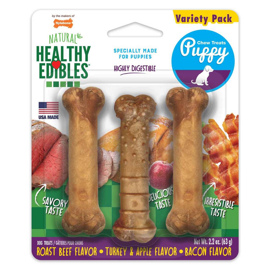 Nylabone Healthy Edibles Puppy Natural Long Lasting Dog Chew Treats, Bacon, X-Small/Petite, 3 Count