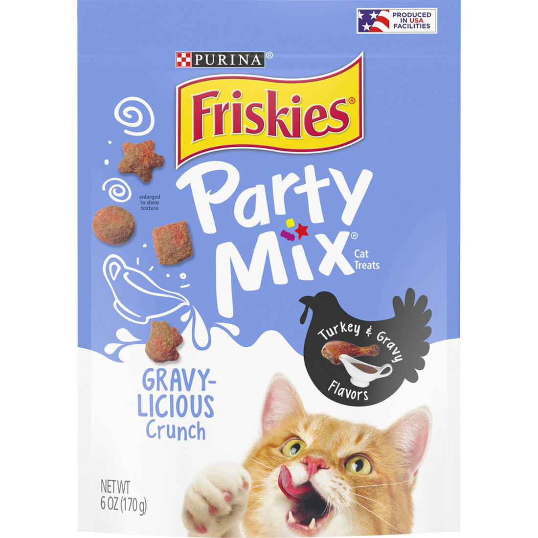 Purina Friskies Cat Treats, Party Mix Gravy-licious Crunch Turkey and Gravy Flavors - 6 Ounce Pouch