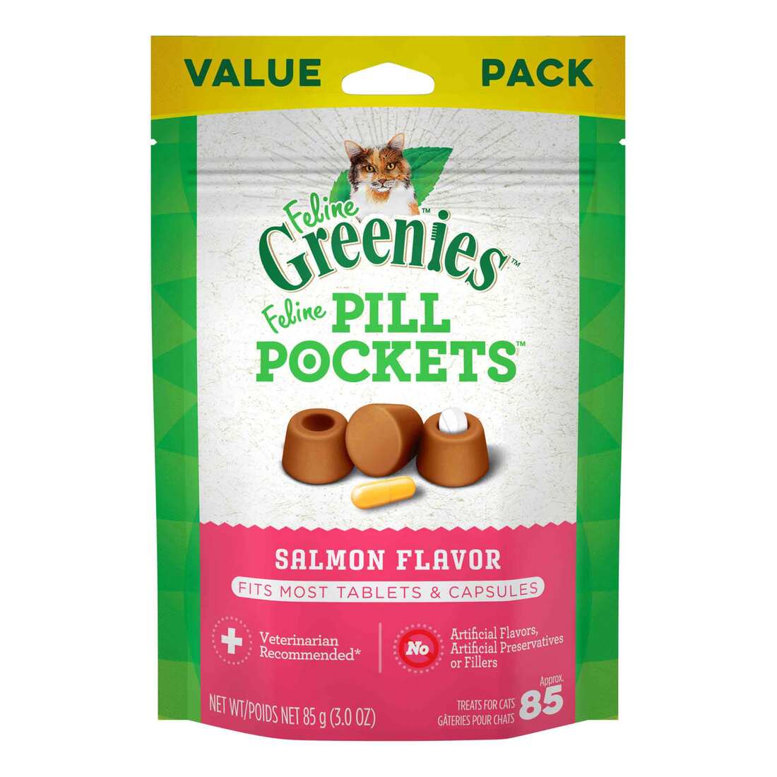 FELINE GREENIES PILL POCKETS for Cats Natural Soft Cat Treats, Salmon Flavor, 3 Ounce Pack (85 Treat