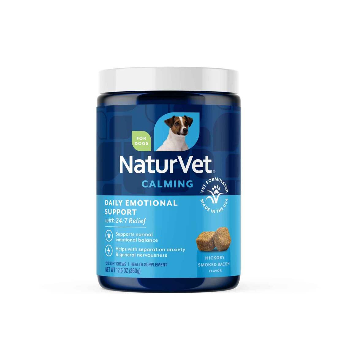 NaturVet Daily Emotional Support Calming Supplements for Dogs, Hickory Smoked Bacon Flavor, 120 Coun