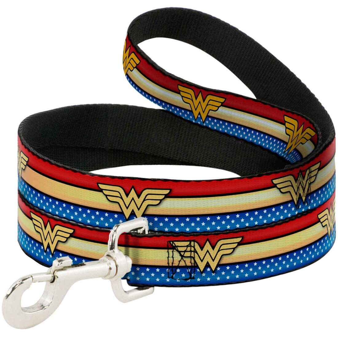 Buckle-Down Pet Leash - Wonder Woman Logo Stripe/Stars Red/Gold/Blue/White - 6 Feet Long - 1" Wide
