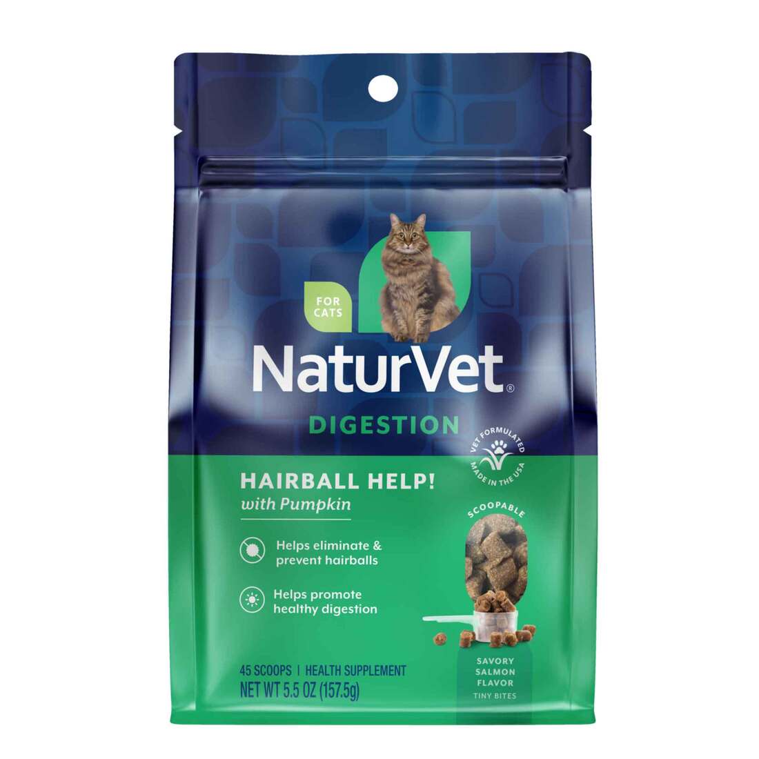 NaturVet Hairball Help! Digestion Supplements for Cats, Salmon Flavor, 45 Scoopable Tiny Bites