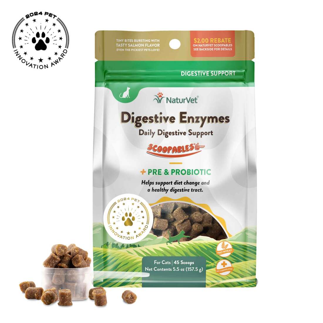 NaturVet Digestive Enzymes Supplements for Cats, Salmon Flavor, 45 Scoopable Tiny Bites