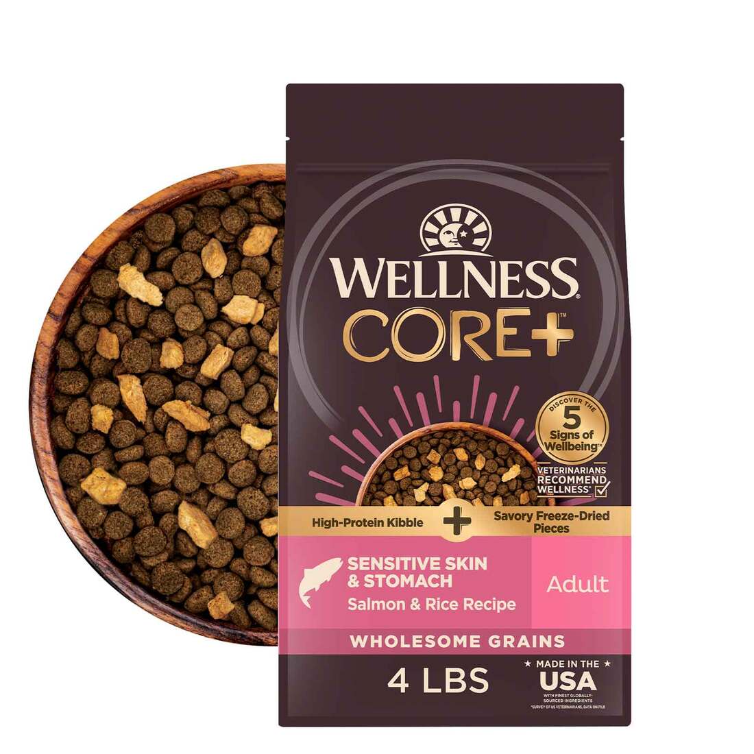 Wellness CORE+ Sensitive Skin & Stomach Wholesome Grains Natural Dry Dog Food, Salmon & Rice Recipe