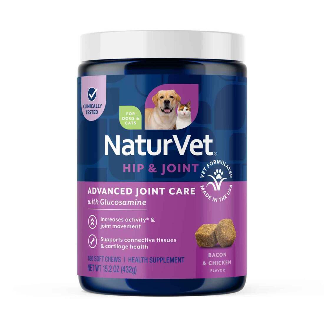 NaturVet Advanced Joint Care Hip & Joint Supplement for Dogs and Cats, Bacon and Chicken Flavor, 180