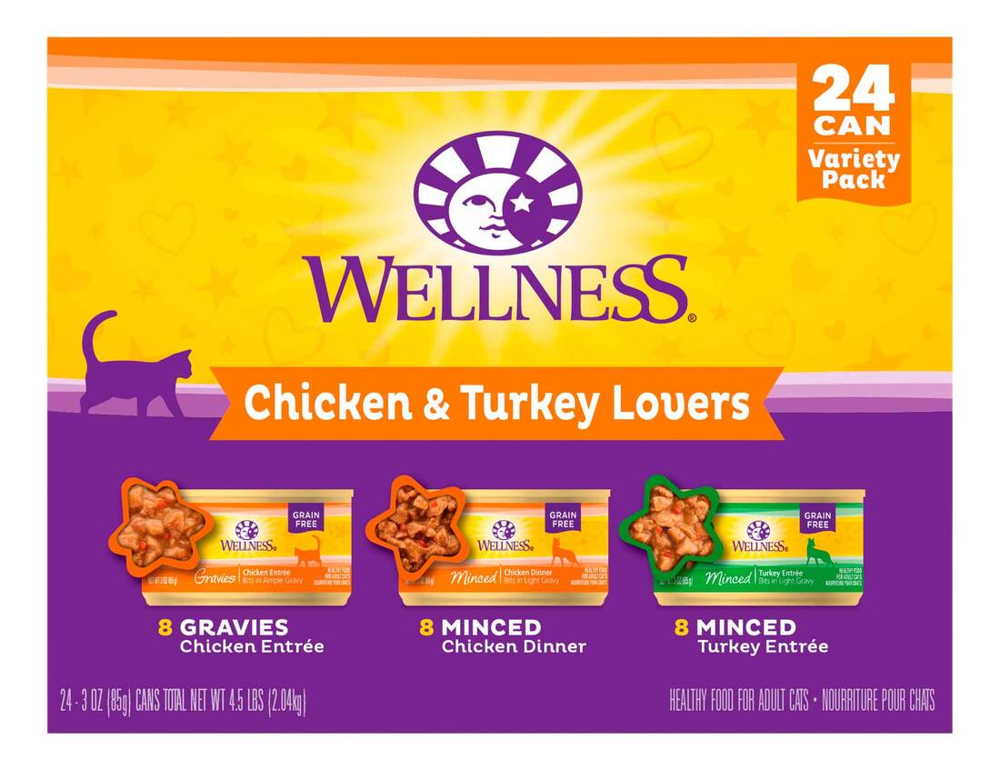 Wellness Natural Wet Cat Food, Chicken & Turkey Lovers Minced and Gravies Variety Pack (24), 3 Ounce