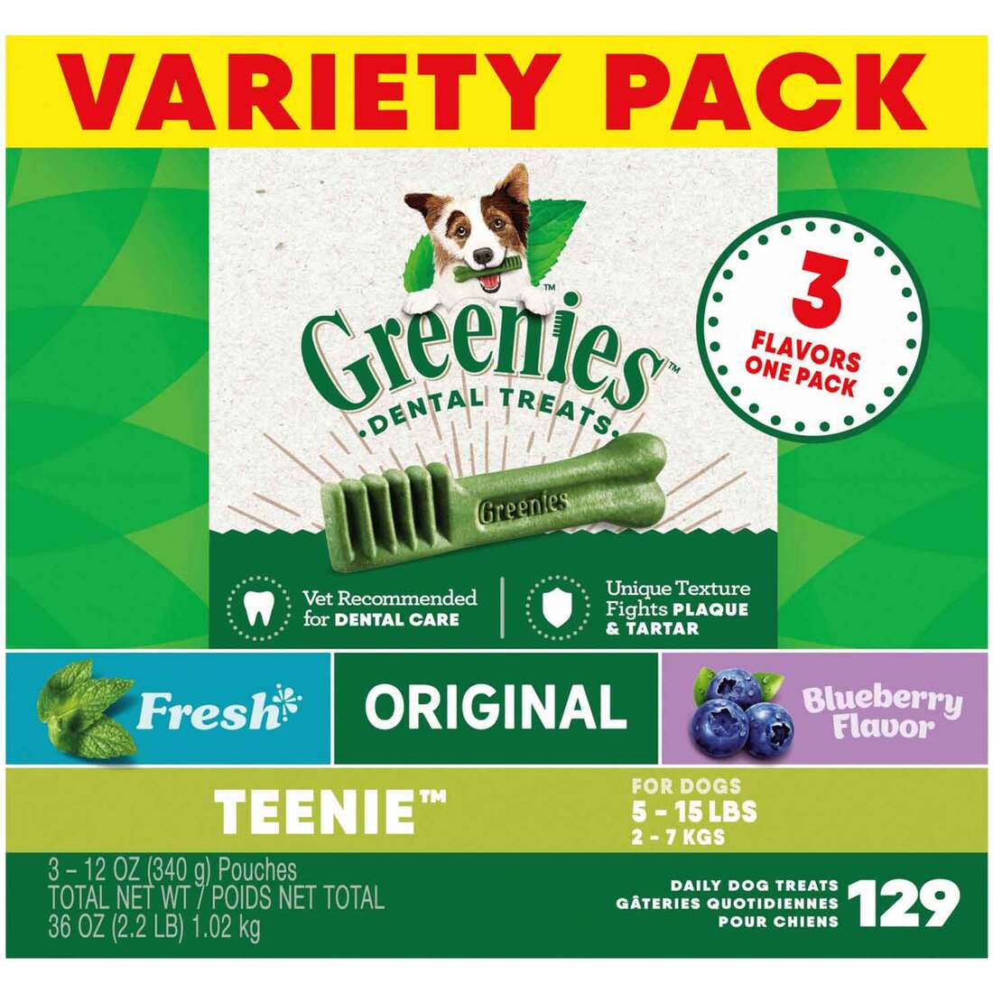 GREENIES TEENIE Natural Dental Care Dog Treats, 36 Ounce Variety Pack, 3 Packs of 12 Ounce Treats