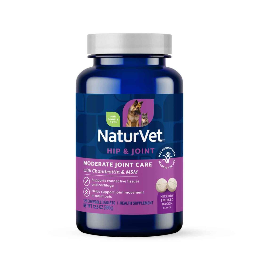 NaturVet Moderate Joint Care Hip & Joint Supplement for Dogs and Cats, Hickory Smoked Bacon Flavor,