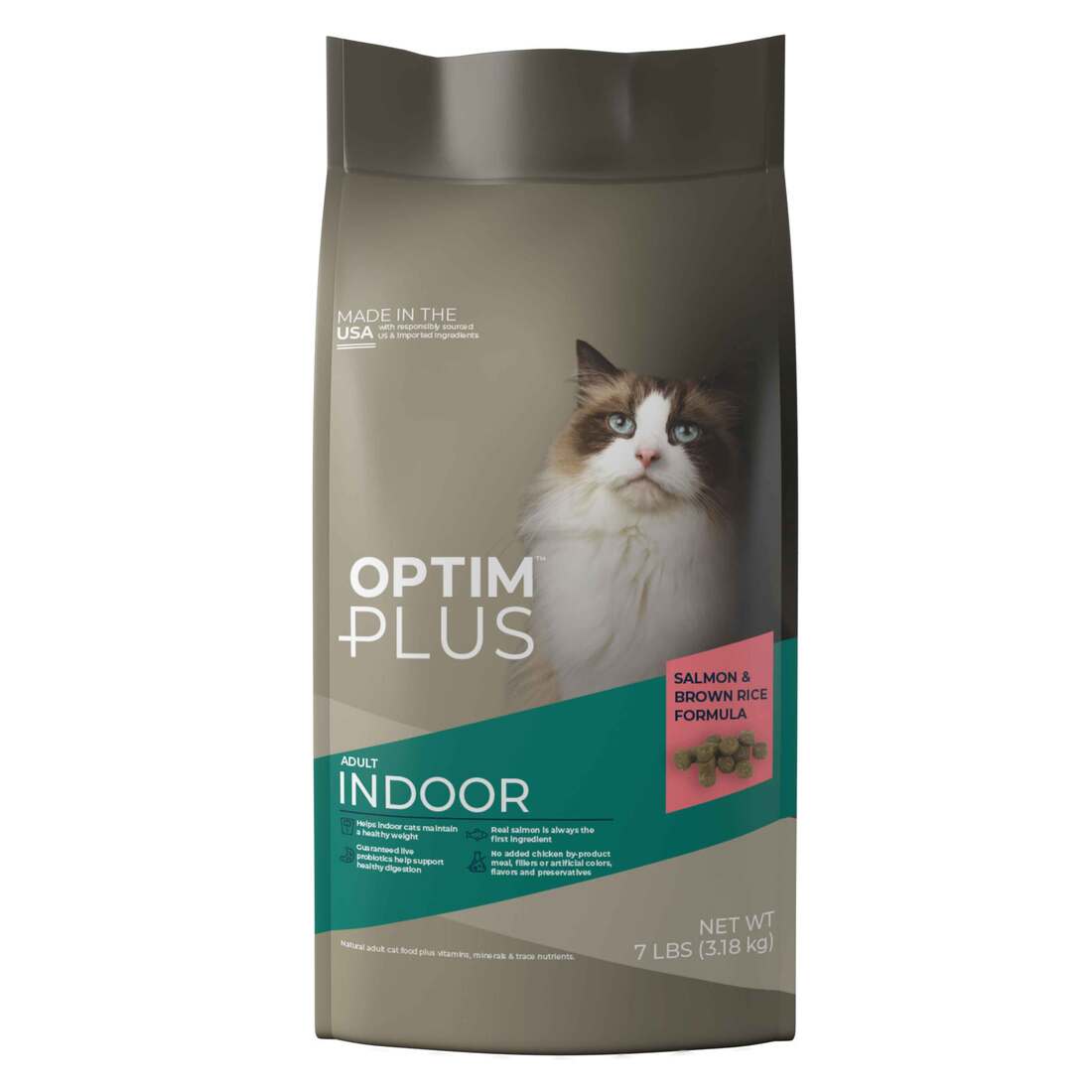 OptimPlus Adult Indoor Salmon & Brown Rice Formula Dry Cat Food, 7 Pounds